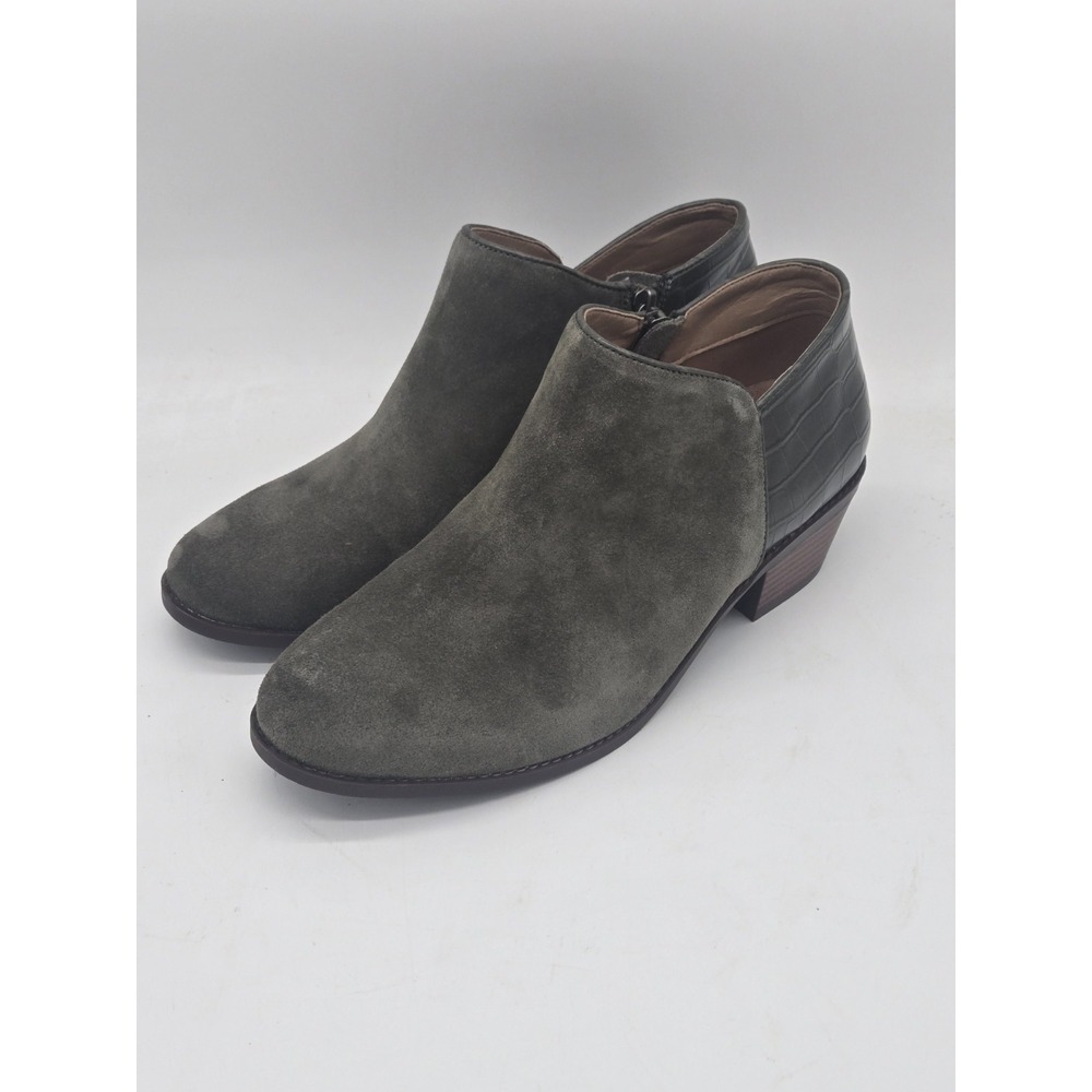 Vionic Marissa Ankle Boots Womens 9 Olive Green Suede Croc Embossed Booties